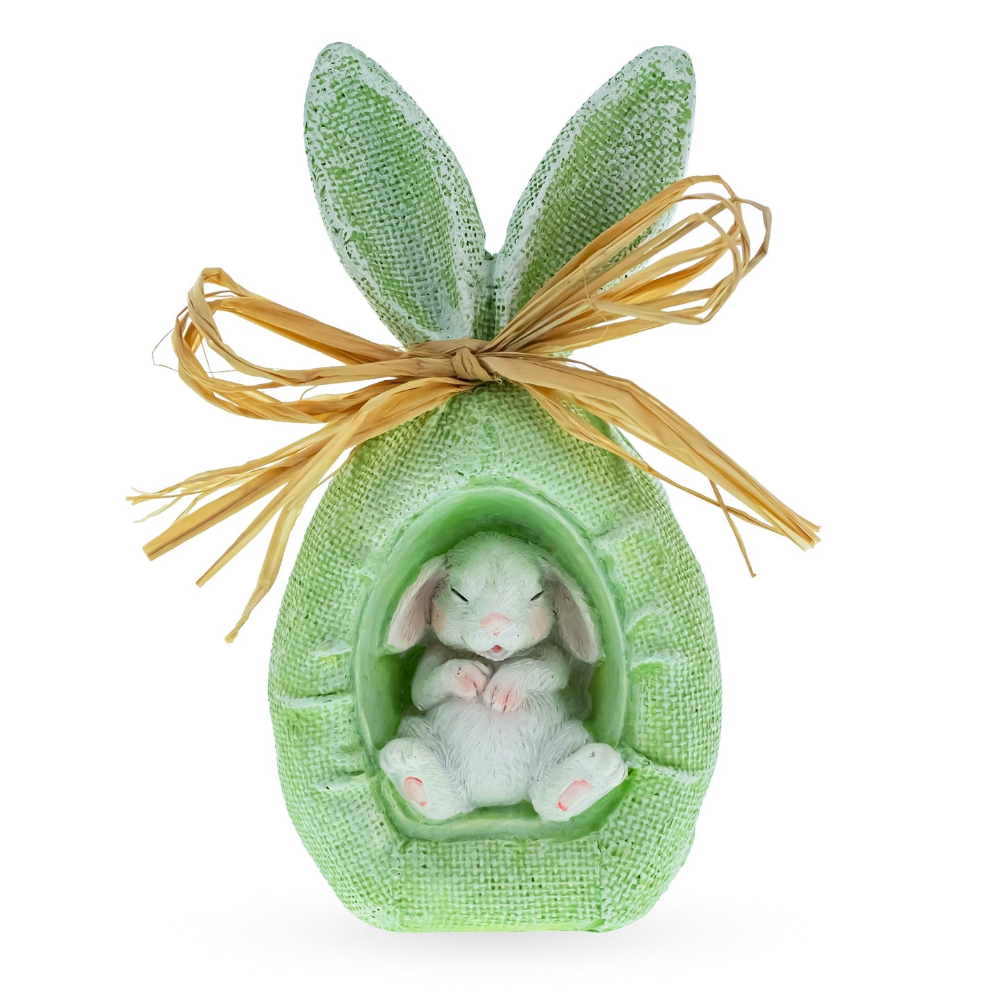 Rustic Bunny Nest Egg Decoration – Green Burlap Style Easter Ornament with Raffia Bow 6.2 Inches Tall