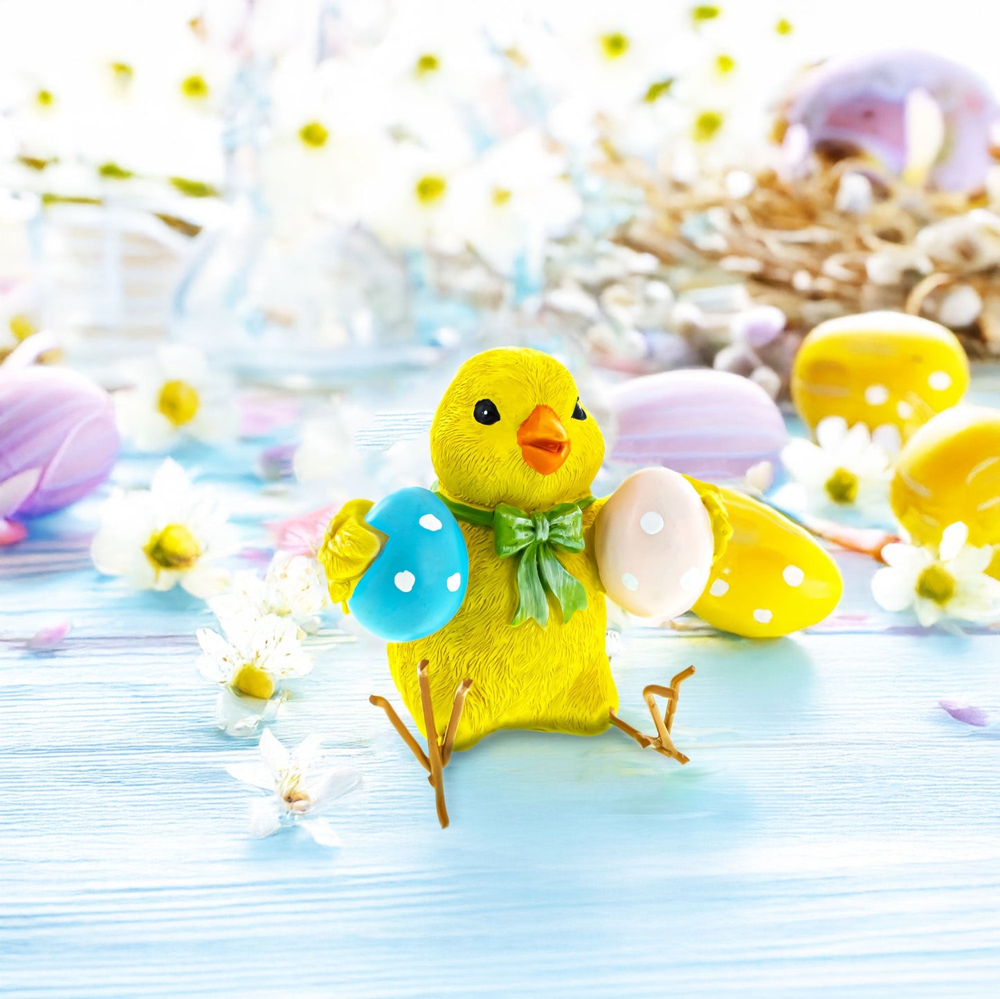 Cheerful Chick Holding Colorful Easter Polka Dot Eggs Figurine 3.2 Inches Tall