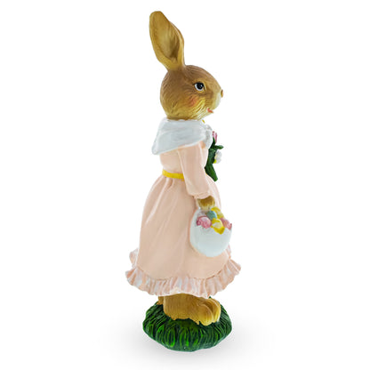 Vintage Style Easter Bunny Figurine With Flowers and Egg Basket 8.7 Inches Tall