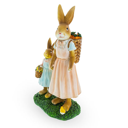 Bunny Mother and Child Figurine with Baskets Easter Home Decor Statue 11 Inches Tall