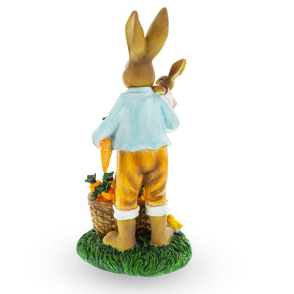 Father & Child Easter Bunny Figurine – Spring Rabbit Statue with Carrots and Chicks Spring Decor 11 Inches Tall