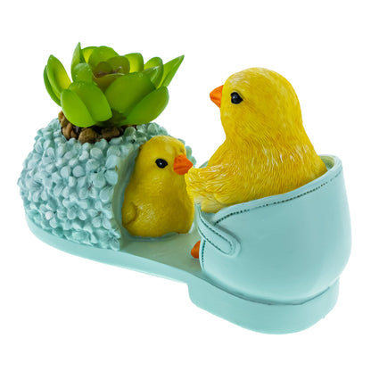 Easter Chick Planter Decorative Shoe Shaped Succulent Pot with Floral Accents 3.4 Inches Tall