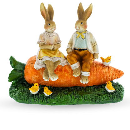 Romantic Easter Bunny Pair on Carrot with Chicks Spring Decor 6.3 Inches Tall