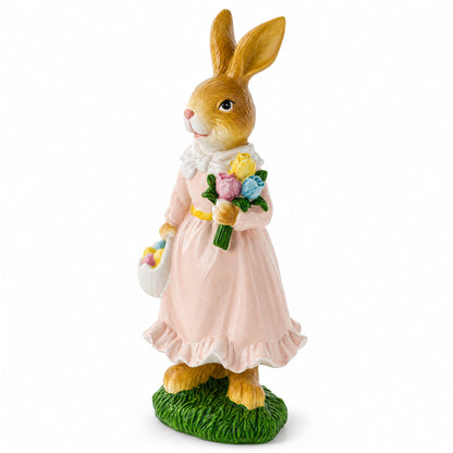 Vintage Style Easter Bunny Figurine With Flowers and Egg Basket 8.7 Inches Tall