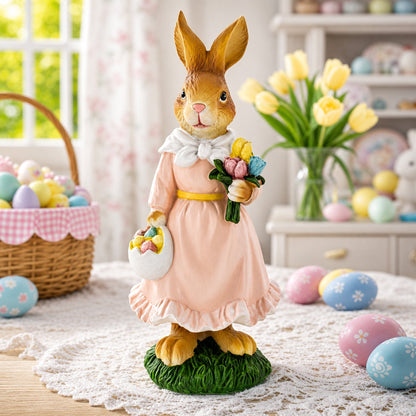 Vintage Style Easter Bunny Figurine With Flowers and Egg Basket 8.7 Inches Tall