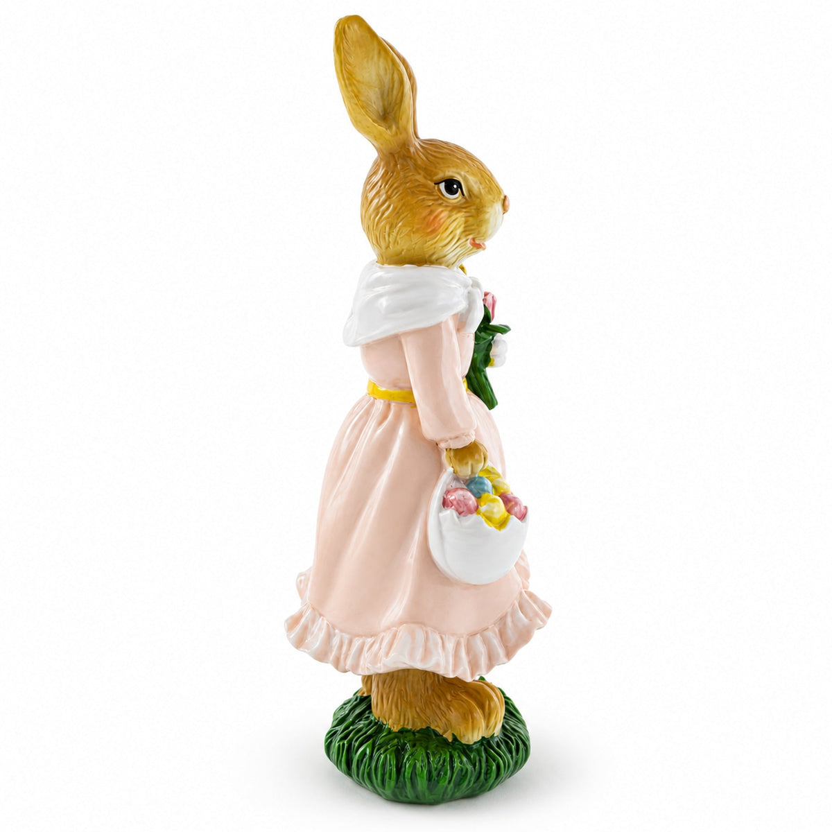 Vintage Style Easter Bunny Figurine With Flowers and Egg Basket 8.7 Inches Tall