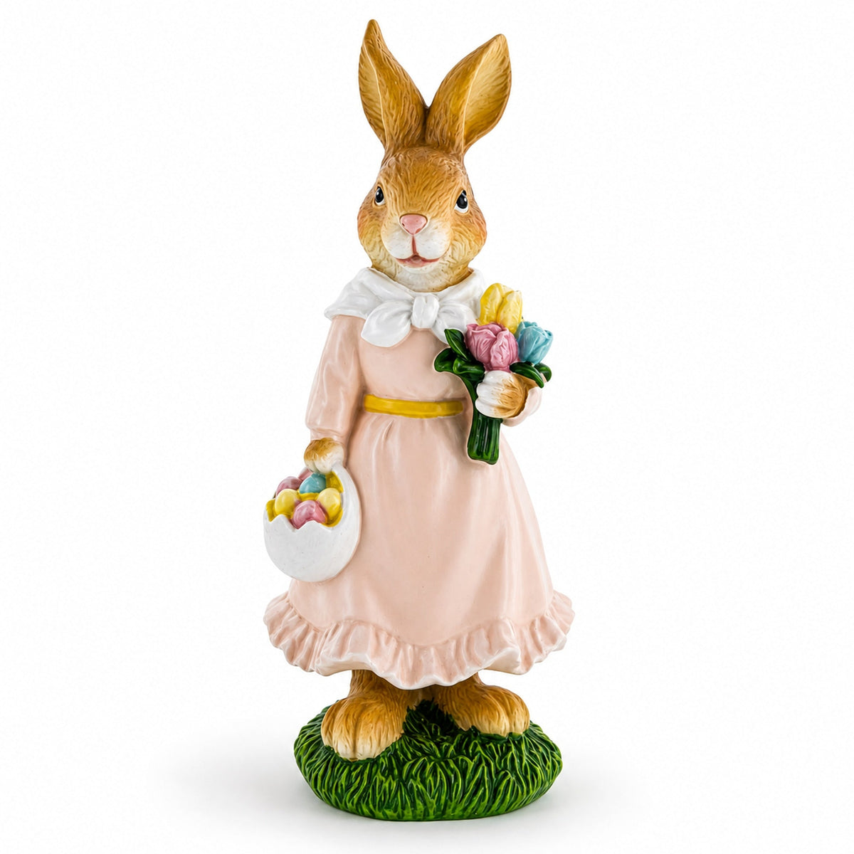 Vintage Style Easter Bunny Figurine With Flowers and Egg Basket 8.7 Inches Tall