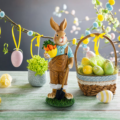 Farmer Father Bunny with Carrots and Shovel Easter Figurine 8.9 Inches Tall