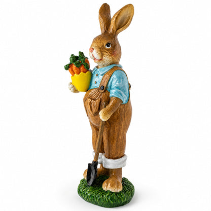 Farmer Father Bunny with Carrots and Shovel Easter Figurine 8.9 Inches Tall