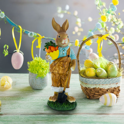 Farmer Father Bunny with Carrots and Shovel Easter Figurine 8.9 Inches Tall