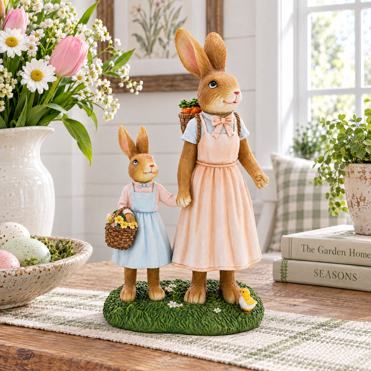 Bunny Mother and Child Figurine with Baskets Easter Home Decor Statue 11 Inches Tall