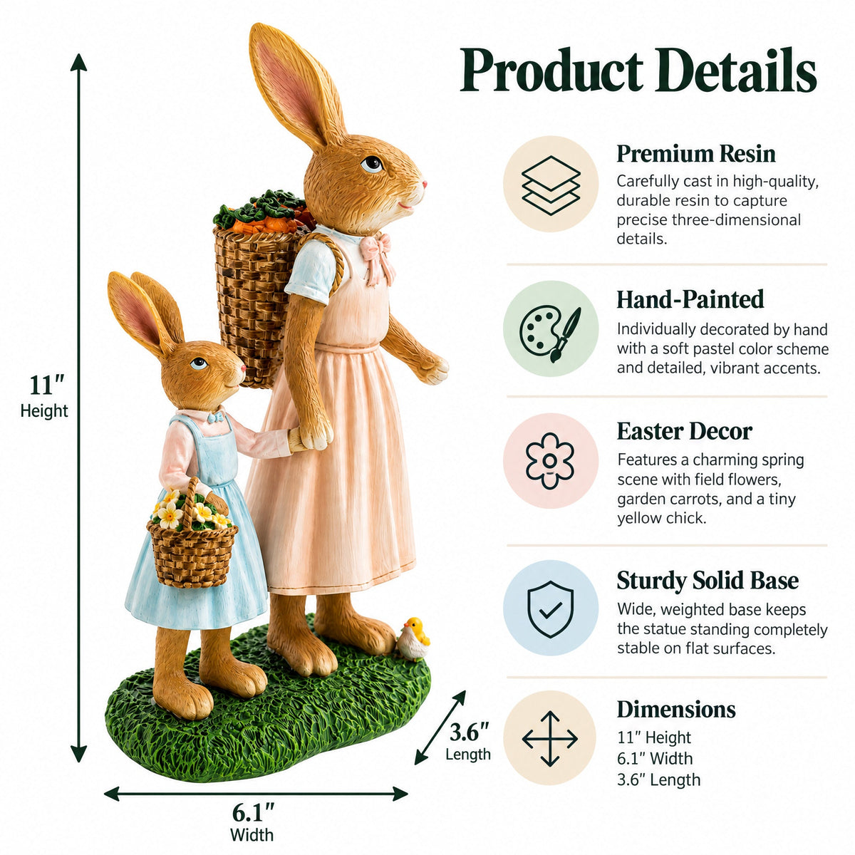 Bunny Mother and Child Figurine with Baskets Easter Home Decor Statue 11 Inches Tall