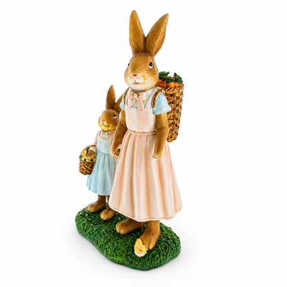 Bunny Mother and Child Figurine with Baskets Easter Home Decor Statue 11 Inches Tall