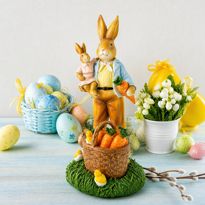 Father & Child Easter Bunny Figurine – Spring Rabbit Statue with Carrots and Chicks Spring Decor 11 Inches Tall