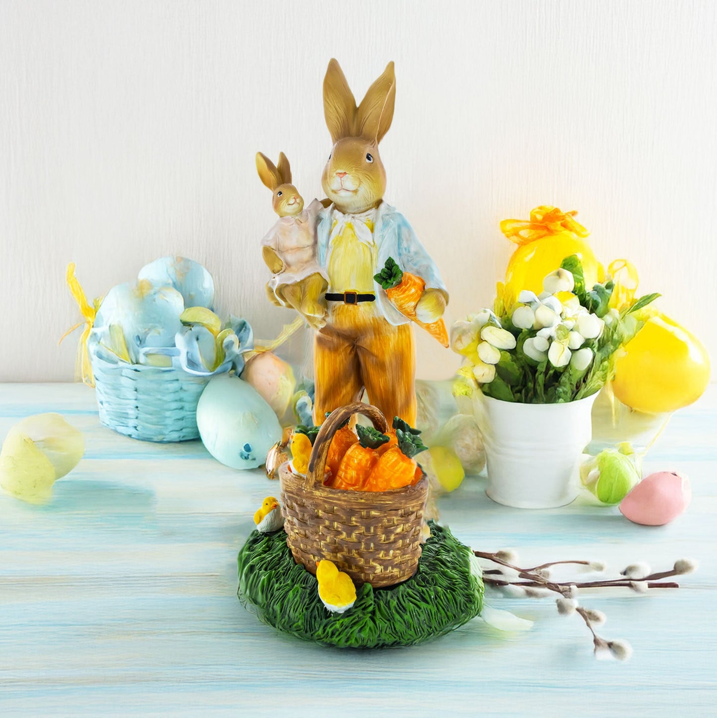 Father & Child Easter Bunny Figurine – Spring Rabbit Statue with Carrots and Chicks Spring Decor 11 Inches Tall