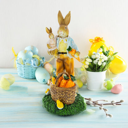 Father & Child Easter Bunny Figurine – Spring Rabbit Statue with Carrots and Chicks Spring Decor 11 Inches Tall