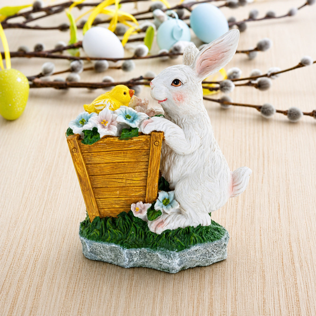 Hand Painted Bunny with Yellow Chick Easter Tabletop Decor 7 Inches Tall