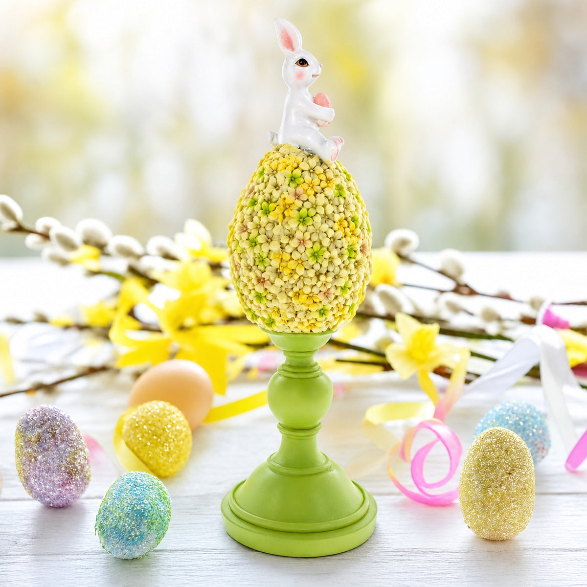 Spring Bunny Sitting on Textured Flower Easter Egg Display Stand 11.4 Inches Tall