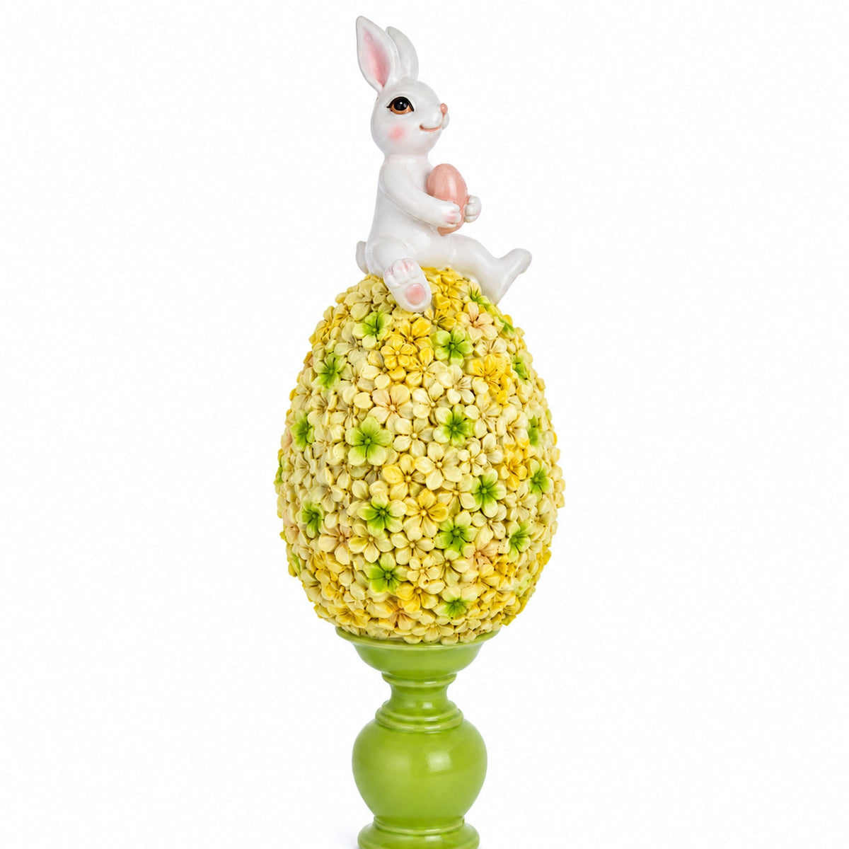 Spring Bunny Sitting on Textured Flower Easter Egg Display Stand 11.4 Inches Tall