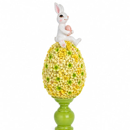 Spring Bunny Sitting on Textured Flower Easter Egg Display Stand 11.4 Inches Tall