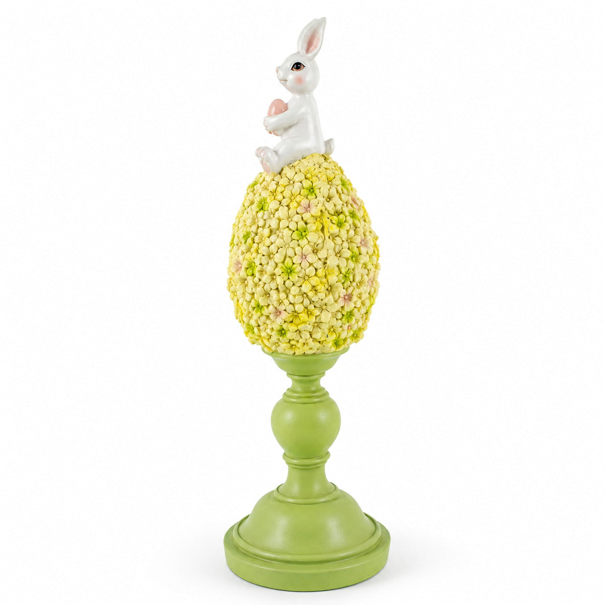 Spring Bunny Sitting on Textured Flower Easter Egg Display Stand 11.4 Inches Tall