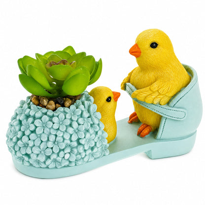Easter Chick Planter Decorative Shoe Shaped Succulent Pot with Floral Accents 3.4 Inches Tall