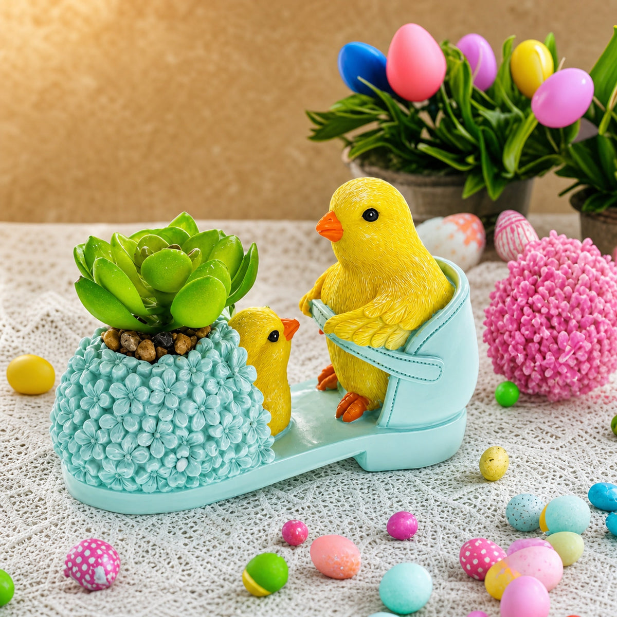 Easter Chick Planter Decorative Shoe Shaped Succulent Pot with Floral Accents 3.4 Inches Tall