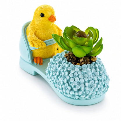 Easter Chick Planter Decorative Shoe Shaped Succulent Pot with Floral Accents 3.4 Inches Tall