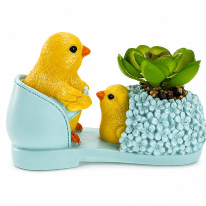 Easter Chick Planter Decorative Shoe Shaped Succulent Pot with Floral Accents 3.4 Inches Tall