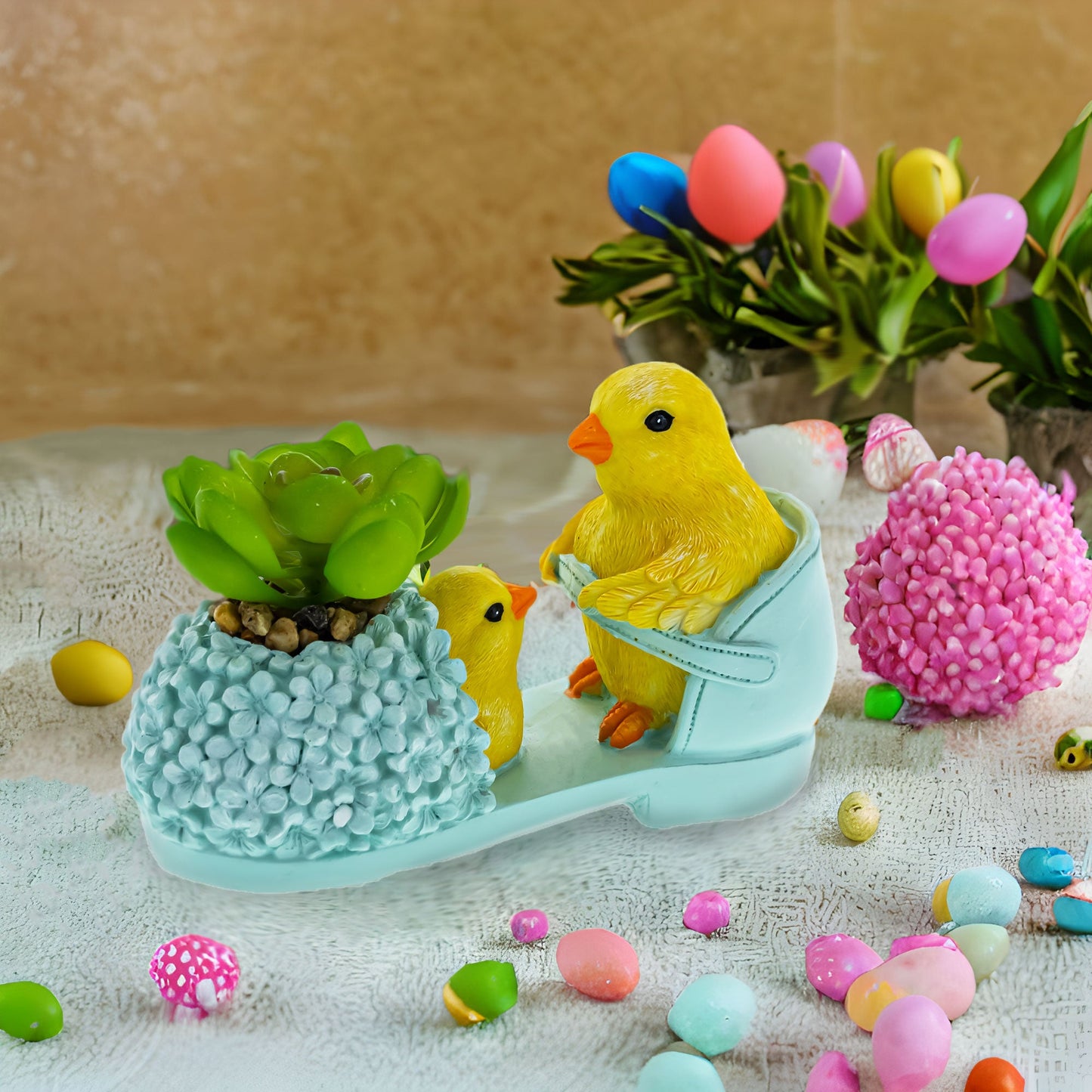 Easter Chick Planter Decorative Shoe Shaped Succulent Pot with Floral Accents 3.4 Inches Tall