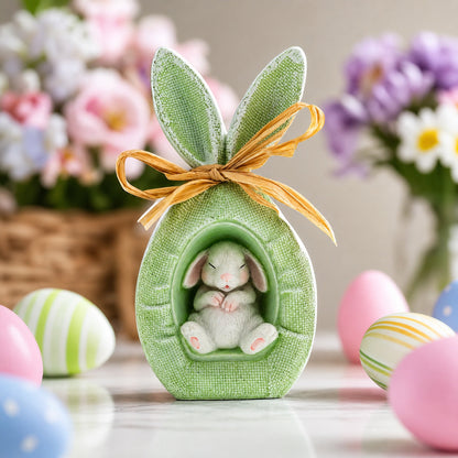 Rustic Bunny Nest Egg Decoration – Green Burlap Style Easter Ornament with Raffia Bow 6.2 Inches Tall