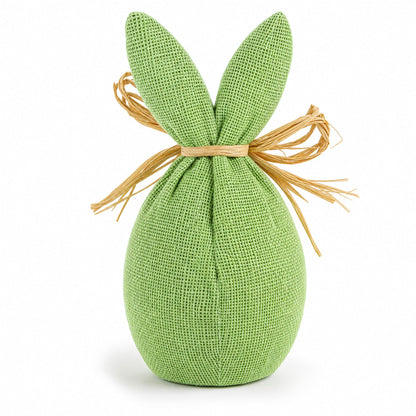 Rustic Bunny Nest Egg Decoration – Green Burlap Style Easter Ornament with Raffia Bow 6.2 Inches Tall