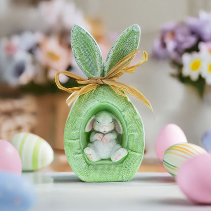 Rustic Bunny Nest Egg Decoration – Green Burlap Style Easter Ornament with Raffia Bow 6.2 Inches Tall