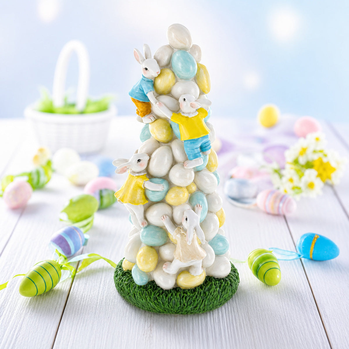 Easter Bunny Climbing Egg Tower Playful Rabbit Figurine for Spring Decor 10.6 Inches