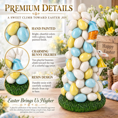Easter Bunny Climbing Egg Tower Playful Rabbit Figurine for Spring Decor 10.6 Inches