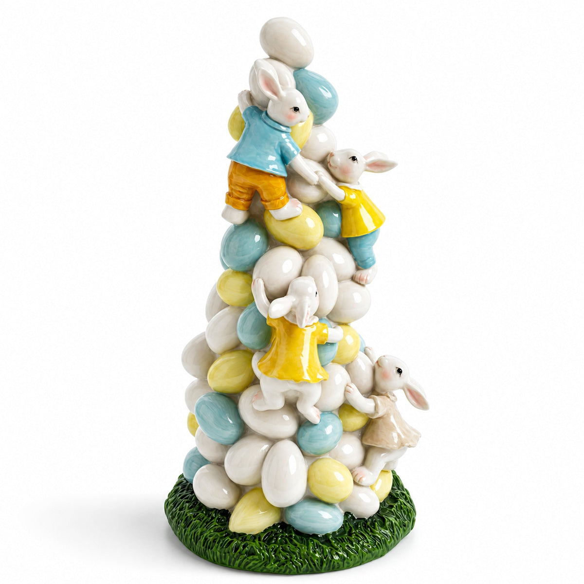 Easter Bunny Climbing Egg Tower Playful Rabbit Figurine for Spring Decor 10.6 Inches