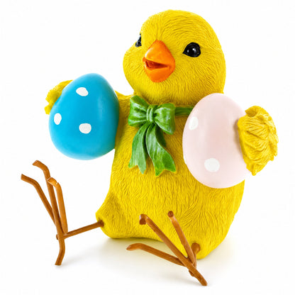 Cheerful Chick Holding Colorful Easter Polka Dot Eggs Figurine 3.2 Inches Tall