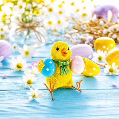 Cheerful Chick Holding Colorful Easter Polka Dot Eggs Figurine 3.2 Inches Tall