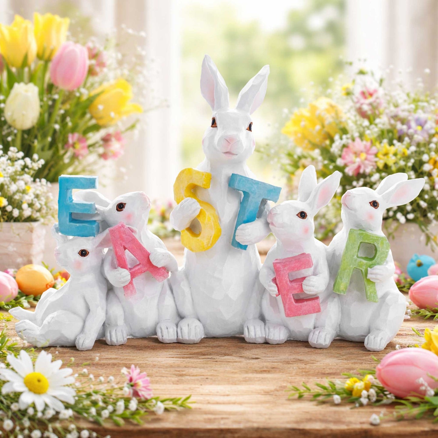 Festive Spring Bunny Figurine Display Spelling EASTER for Holiday Decor 8.7 Inches Tall