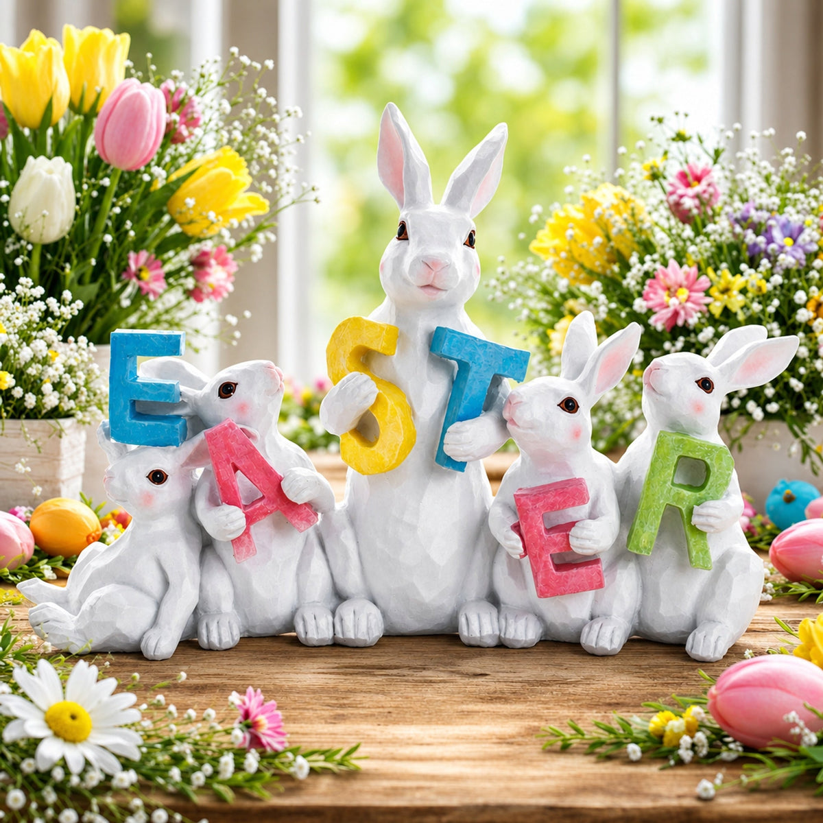 Festive Spring Bunny Figurine Display Spelling EASTER for Holiday Decor 8.7 Inches Tall