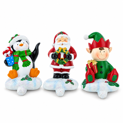 Set of 3 Christmas Stocking Holders - Santa Penguin Elf Mantel Hooks