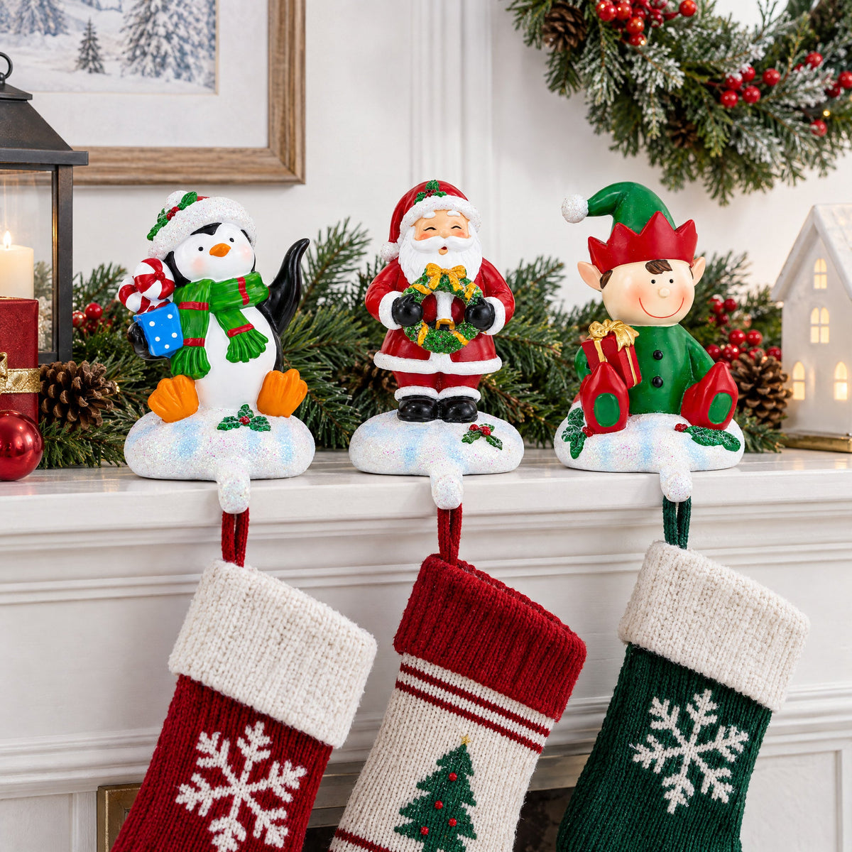 Set of 3 Christmas Stocking Holders - Santa Penguin Elf Mantel Hooks