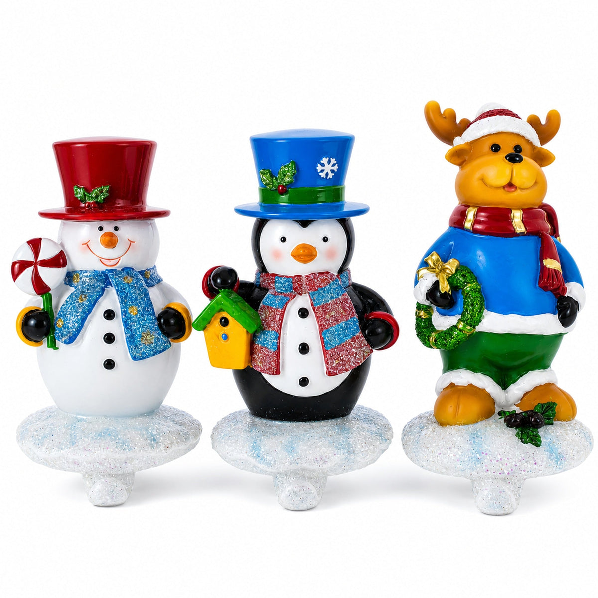 Set of 3 Holiday Stocking Holders Hangers – Snowman, Penguin, and Reindeer Christmas Mantel Decor