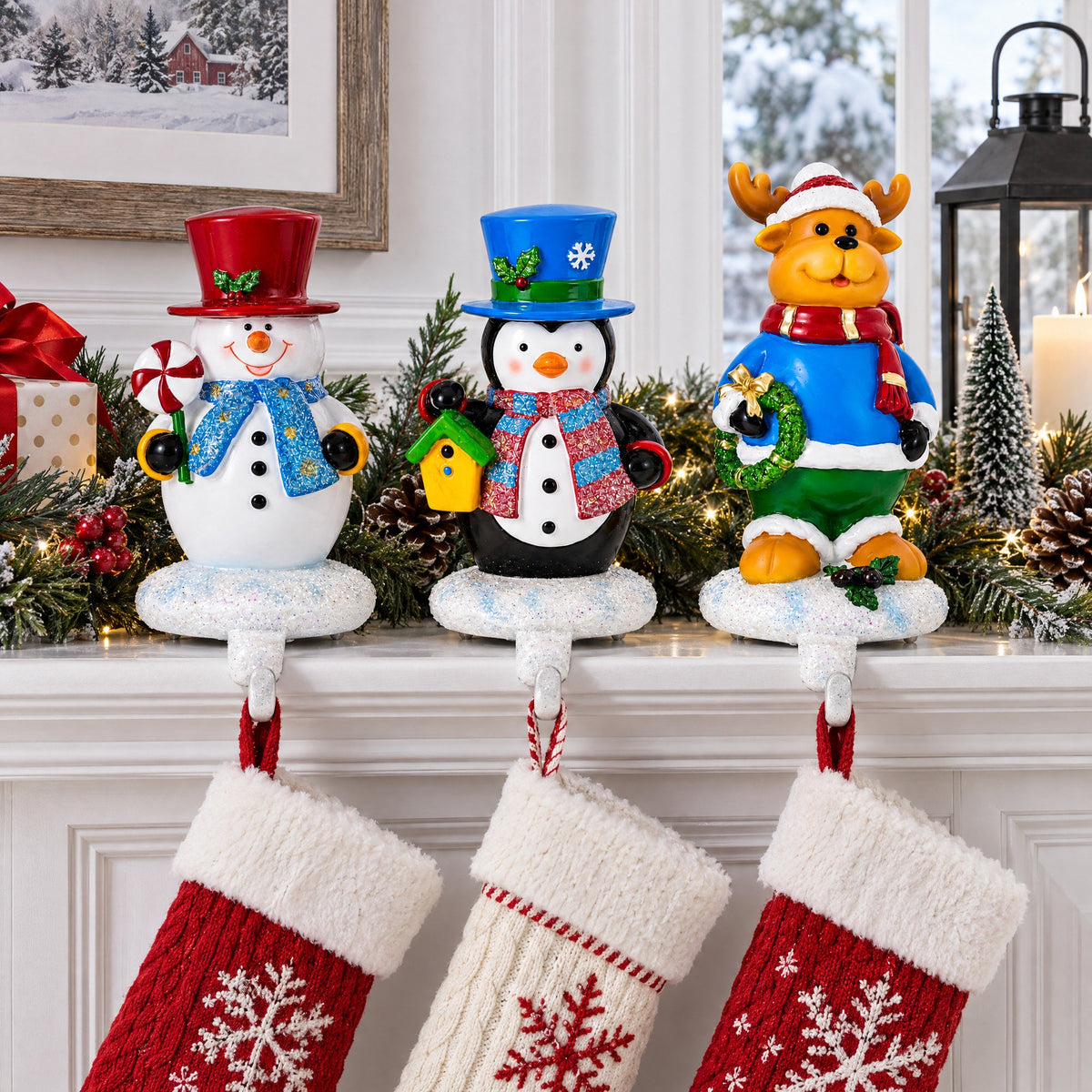 Set of 3 Holiday Stocking Holders Hangers – Snowman, Penguin, and Reindeer Christmas Mantel Decor