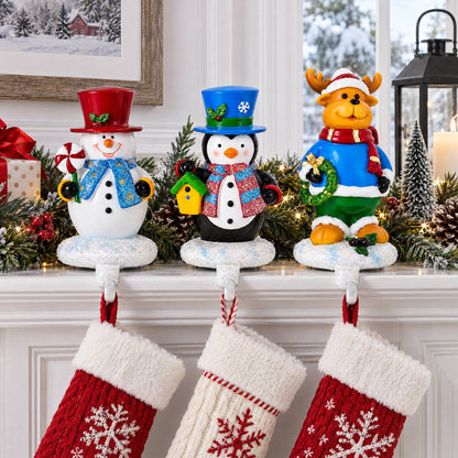 Set of 3 Holiday Stocking Holders Hangers – Snowman, Penguin, and Reindeer Christmas Mantel Decor