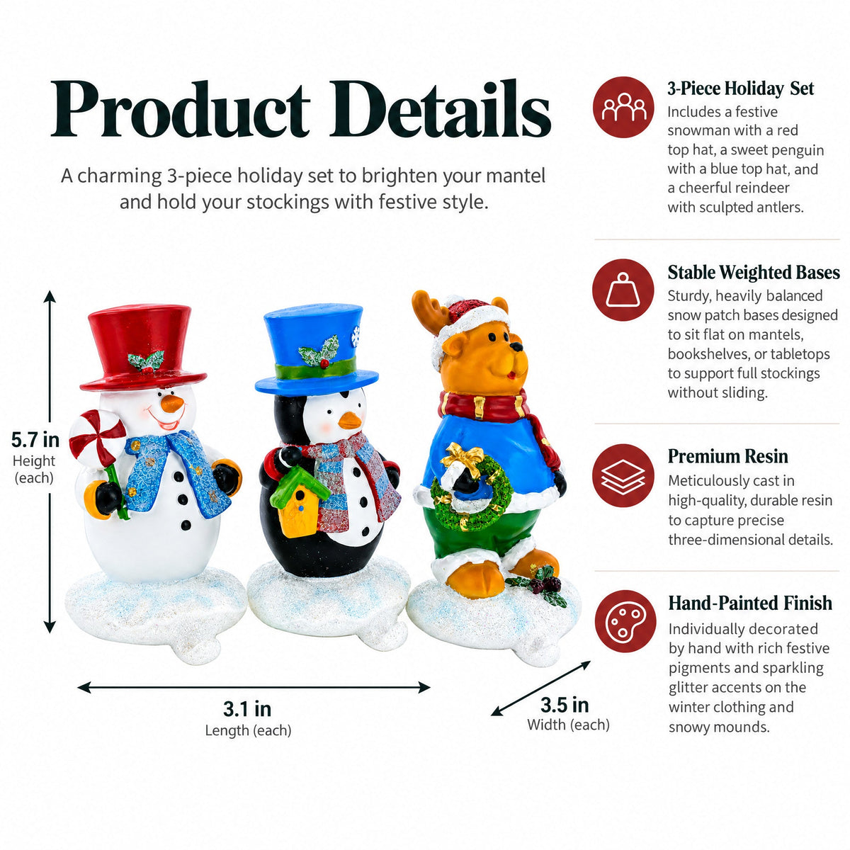 Set of 3 Holiday Stocking Holders Hangers – Snowman, Penguin, and Reindeer Christmas Mantel Decor