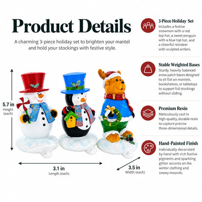 Set of 3 Holiday Stocking Holders Hangers – Snowman, Penguin, and Reindeer Christmas Mantel Decor