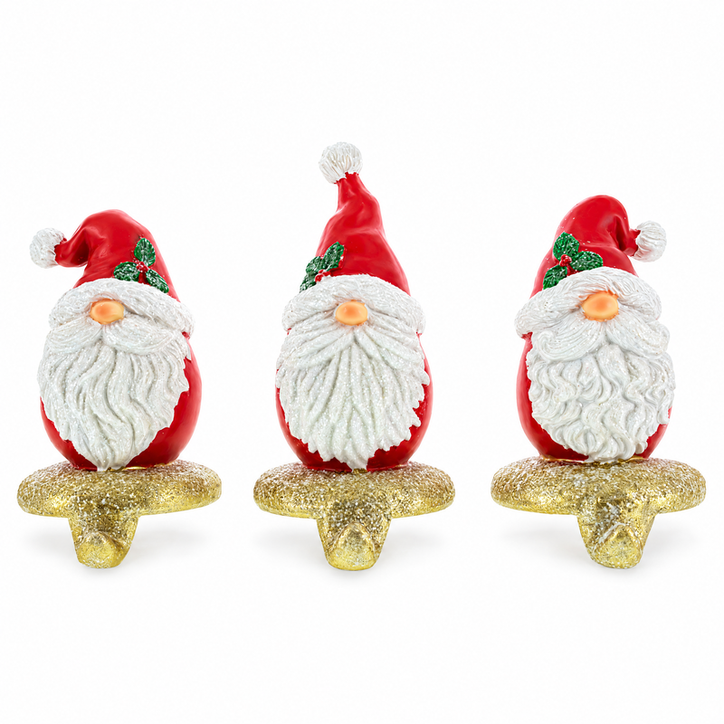 Set of 3 Santa Gnome Stocking Holders - Festive Christmas Mantel Hooks