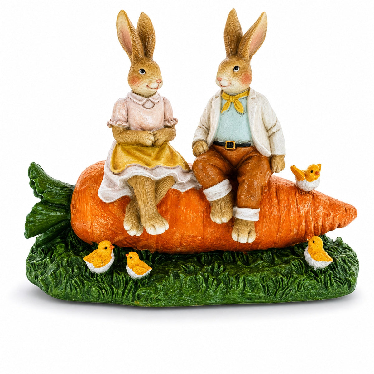 Romantic Easter Bunny Pair on Carrot with Chicks Spring Decor 6.3 Inches Tall