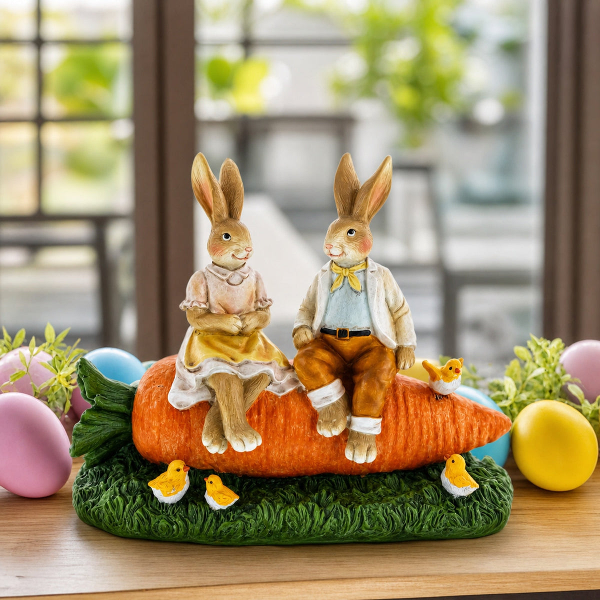 Romantic Easter Bunny Pair on Carrot with Chicks Spring Decor 6.3 Inches Tall